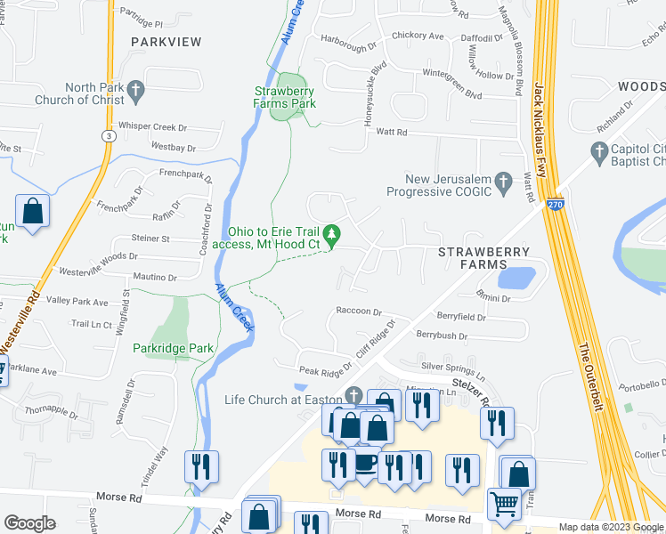 map of restaurants, bars, coffee shops, grocery stores, and more near 3797 Hampton Woods Drive in Columbus