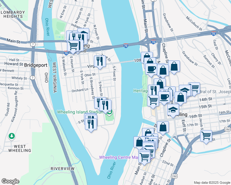 map of restaurants, bars, coffee shops, grocery stores, and more near South Front Street in Wheeling