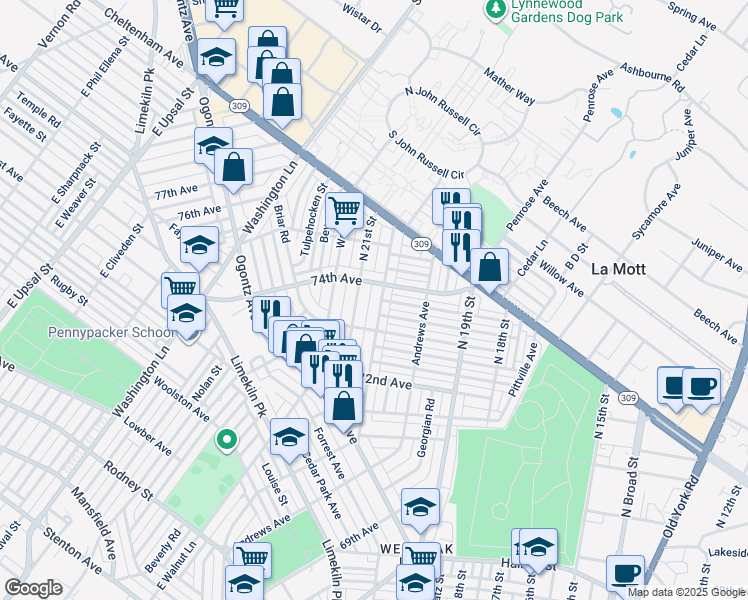 map of restaurants, bars, coffee shops, grocery stores, and more near 7340 North 20th Street in Philadelphia