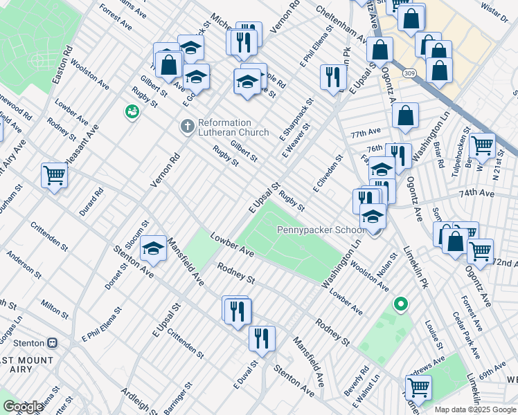 map of restaurants, bars, coffee shops, grocery stores, and more near 1188 East Upsal Street in Philadelphia