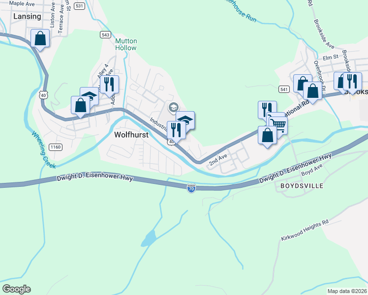 map of restaurants, bars, coffee shops, grocery stores, and more near 55840 National Road in Bridgeport