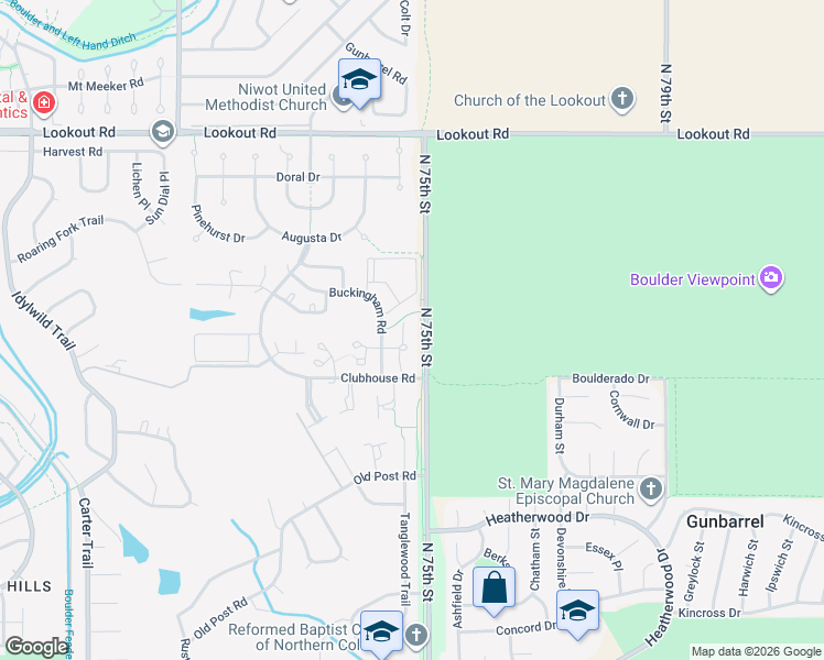 map of restaurants, bars, coffee shops, grocery stores, and more near 5154 Buckingham Road in Boulder