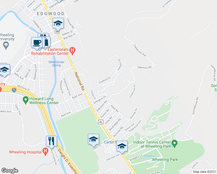 map of restaurants, bars, coffee shops, grocery stores, and more near 36 Arlington Drive in Wheeling