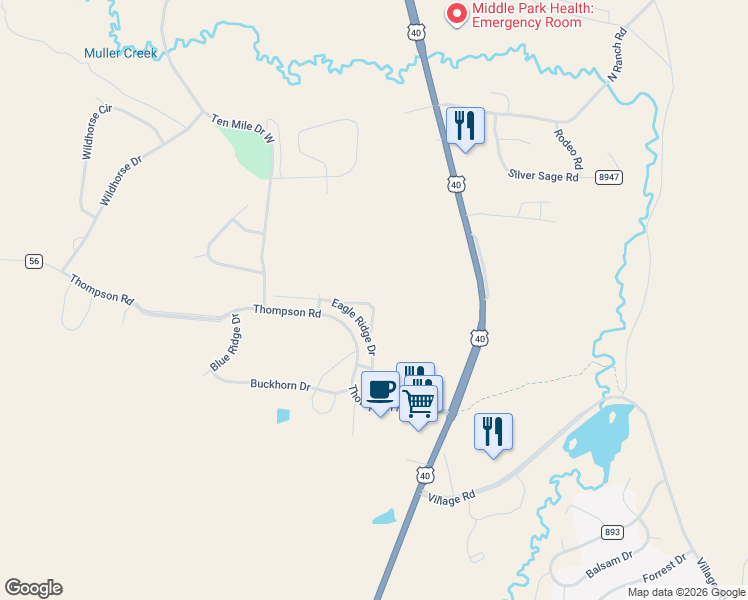 map of restaurants, bars, coffee shops, grocery stores, and more near 130 Eagle Ridge Drive in Granby
