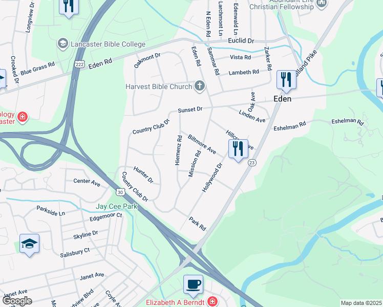 map of restaurants, bars, coffee shops, grocery stores, and more near 1537 Mission Road in Lancaster
