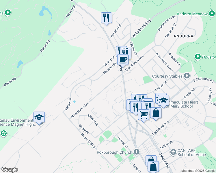 map of restaurants, bars, coffee shops, grocery stores, and more near 728 Manatawna Avenue in Philadelphia