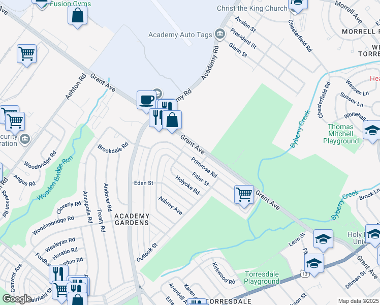 map of restaurants, bars, coffee shops, grocery stores, and more near 3415 Primrose Road in Philadelphia