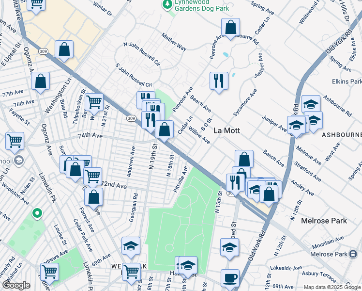 map of restaurants, bars, coffee shops, grocery stores, and more near 1718 Chelsea Road in Elkins Park