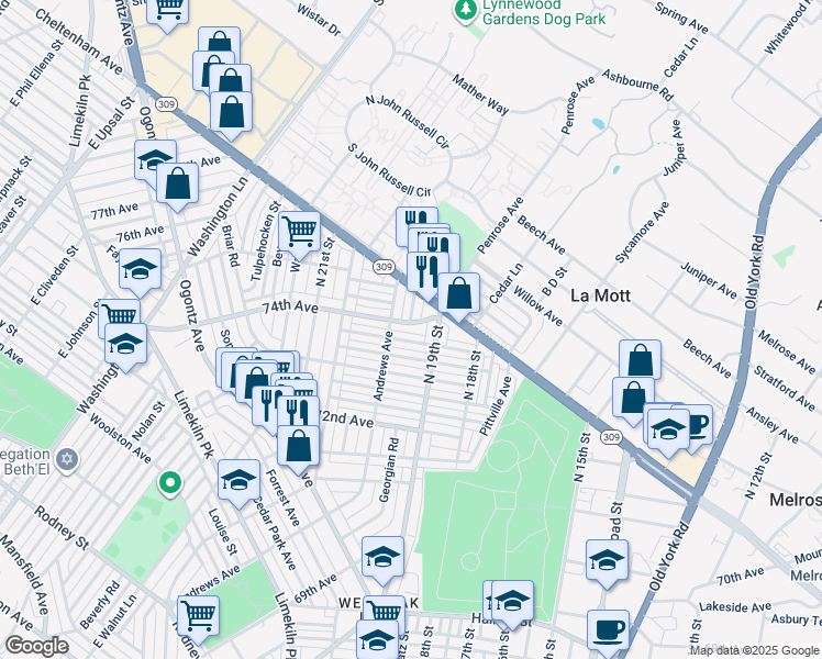 map of restaurants, bars, coffee shops, grocery stores, and more near 1922 74th Avenue in Philadelphia