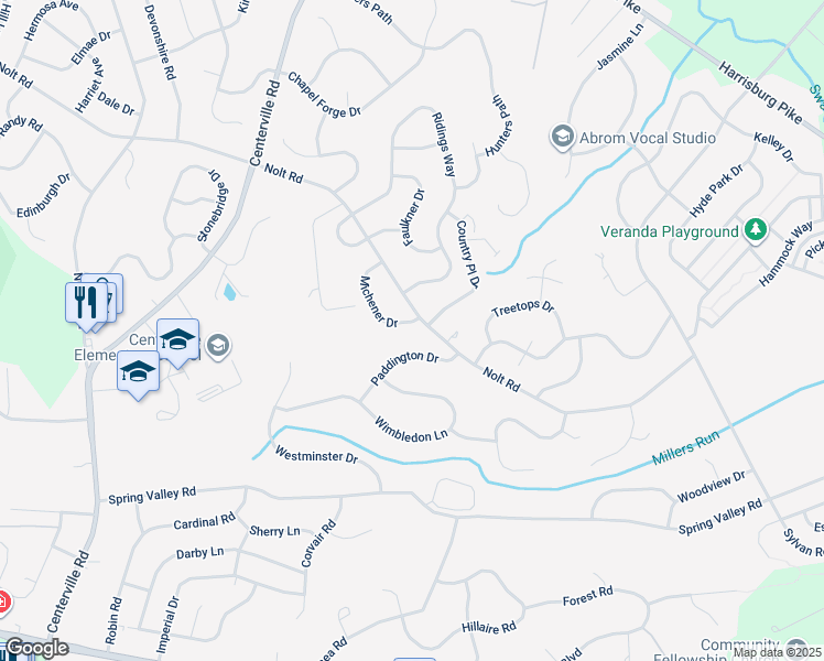 map of restaurants, bars, coffee shops, grocery stores, and more near 2820 Michener Drive in Lancaster