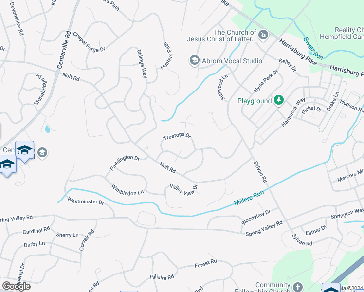 map of restaurants, bars, coffee shops, grocery stores, and more near 114 Spring Ridge Court in Lancaster