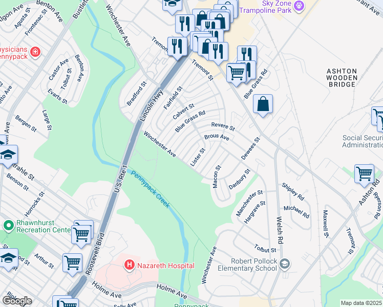 map of restaurants, bars, coffee shops, grocery stores, and more near 8815 Brous Avenue in Philadelphia