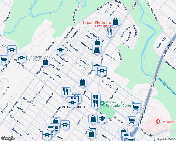 map of restaurants, bars, coffee shops, grocery stores, and more near 8319 Loretto Avenue in Philadelphia