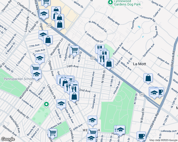 map of restaurants, bars, coffee shops, grocery stores, and more near 1973 Penfield Street in Philadelphia