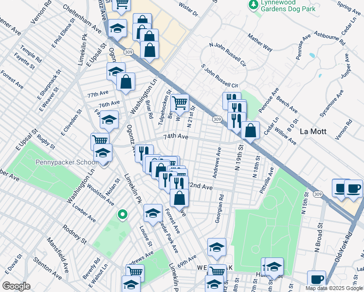 map of restaurants, bars, coffee shops, grocery stores, and more near 7334 North 21st Street in Philadelphia