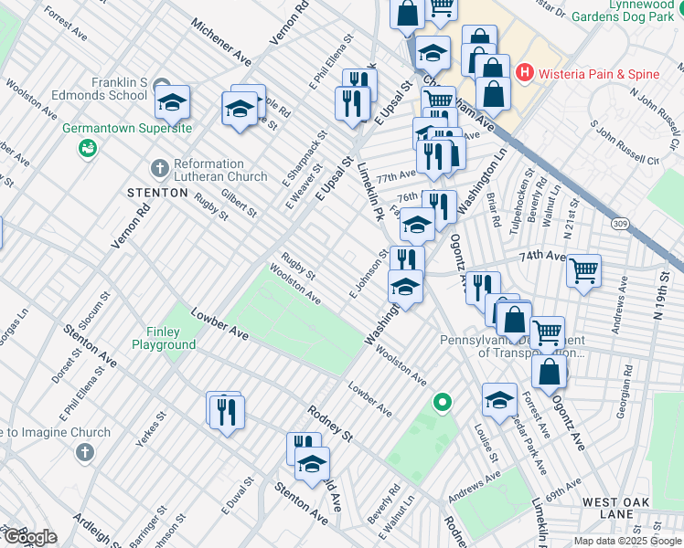 map of restaurants, bars, coffee shops, grocery stores, and more near 7527 Gilbert Street in Philadelphia