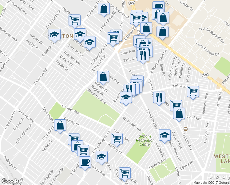 map of restaurants, bars, coffee shops, grocery stores, and more near 7512 Thouron Avenue in Philadelphia