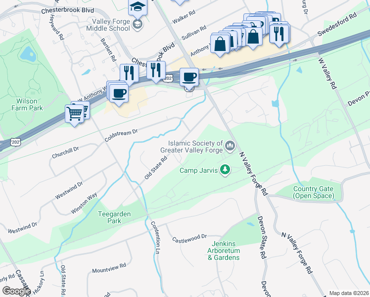 map of restaurants, bars, coffee shops, grocery stores, and more near 170 Old State Road in Berwyn