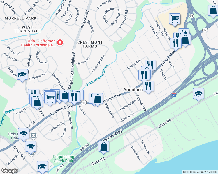 map of restaurants, bars, coffee shops, grocery stores, and more near 1042 Colonial Avenue in Bensalem