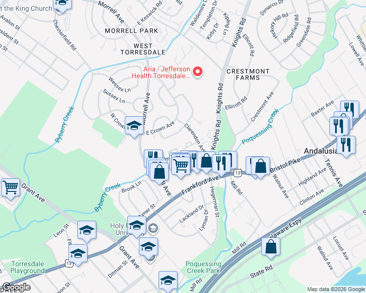 map of restaurants, bars, coffee shops, grocery stores, and more near 3705 Daner Lane in Philadelphia