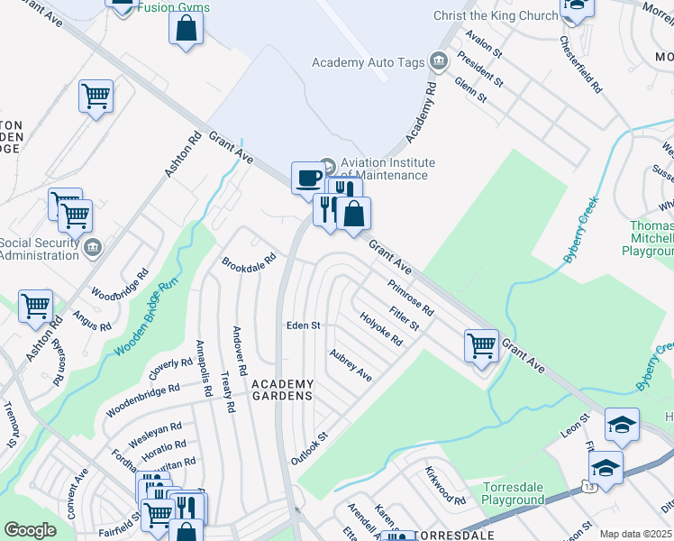 map of restaurants, bars, coffee shops, grocery stores, and more near 9446 Legion Street in Philadelphia