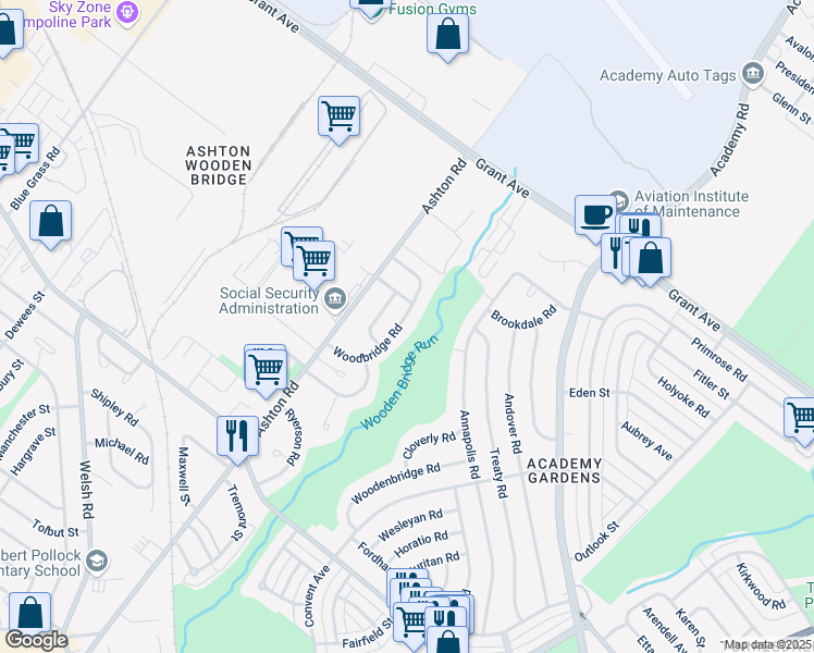 map of restaurants, bars, coffee shops, grocery stores, and more near 9447 Woodbridge Road in Philadelphia