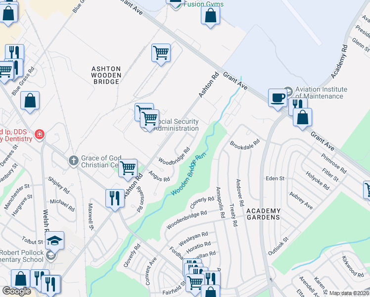 map of restaurants, bars, coffee shops, grocery stores, and more near 9424 Woodbridge Road in Philadelphia