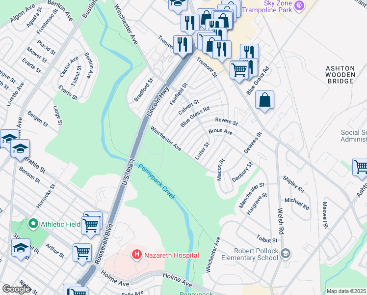map of restaurants, bars, coffee shops, grocery stores, and more near 8803 Revere Street in Philadelphia