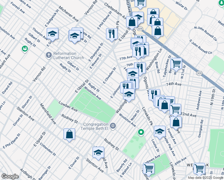 map of restaurants, bars, coffee shops, grocery stores, and more near 7518 Gilbert Street in Philadelphia