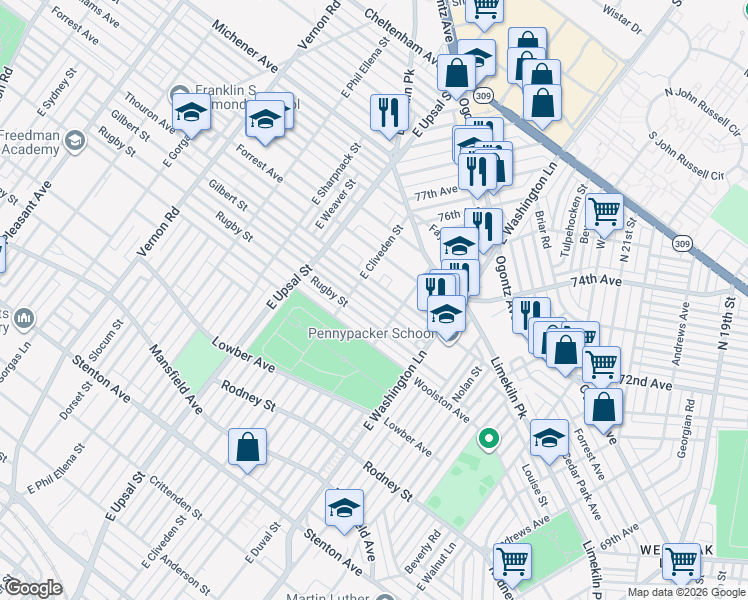map of restaurants, bars, coffee shops, grocery stores, and more near 7518 Gilbert Street in Philadelphia
