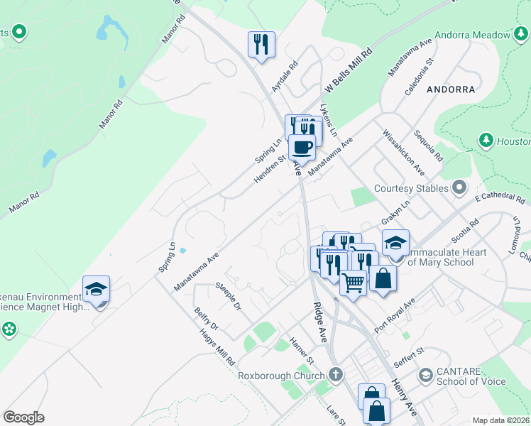 map of restaurants, bars, coffee shops, grocery stores, and more near 728 Manatawna Avenue in Philadelphia