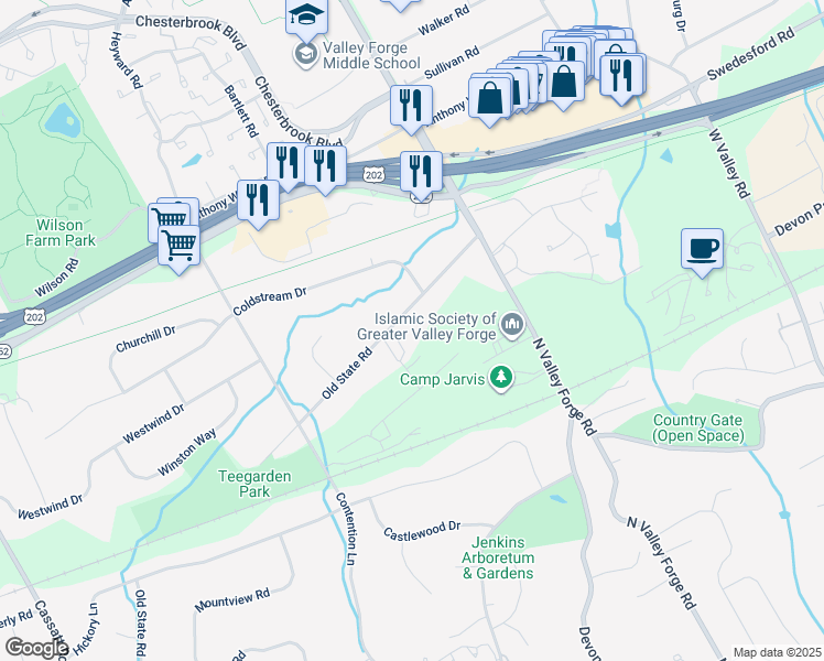 map of restaurants, bars, coffee shops, grocery stores, and more near 170 Old State Road in Berwyn