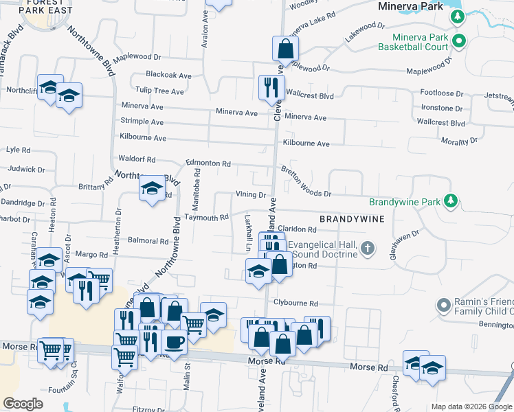 map of restaurants, bars, coffee shops, grocery stores, and more near 2463 Taymouth Road in Columbus
