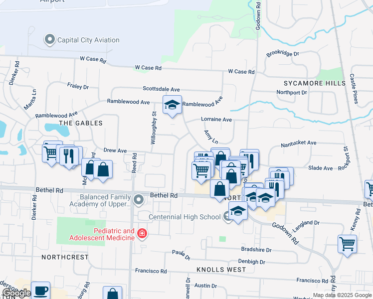 map of restaurants, bars, coffee shops, grocery stores, and more near 5342 Hollister Street in Columbus