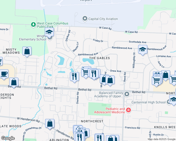 map of restaurants, bars, coffee shops, grocery stores, and more near 2090 Crown Plaza Drive in Columbus