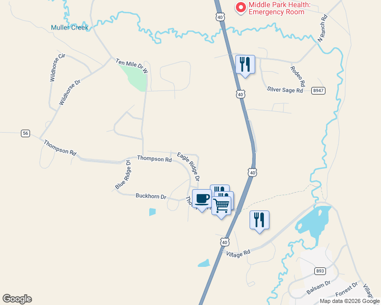 map of restaurants, bars, coffee shops, grocery stores, and more near 130 Eagle Ridge Drive in Granby