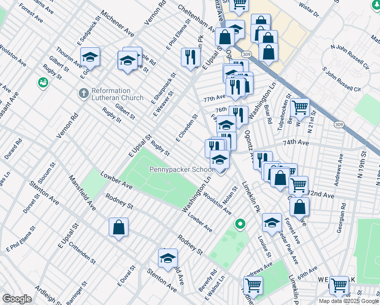map of restaurants, bars, coffee shops, grocery stores, and more near 7512 Thouron Avenue in Philadelphia