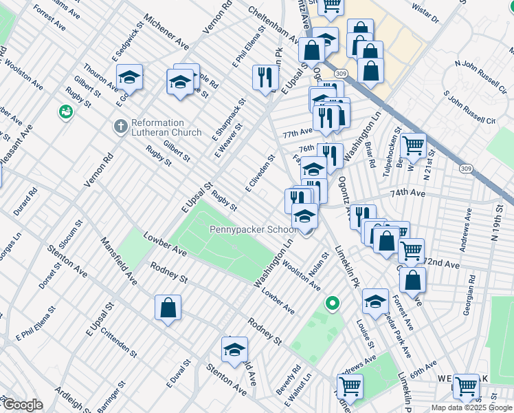 map of restaurants, bars, coffee shops, grocery stores, and more near 7527 Gilbert Street in Philadelphia