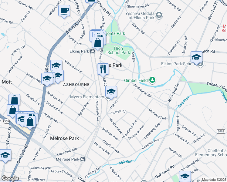 map of restaurants, bars, coffee shops, grocery stores, and more near 309 Glenwood Road in Elkins Park