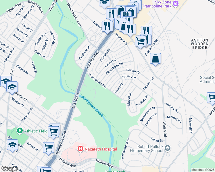 map of restaurants, bars, coffee shops, grocery stores, and more near 8803 Revere Street in Philadelphia