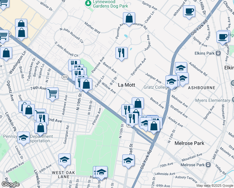 map of restaurants, bars, coffee shops, grocery stores, and more near Willow Ave & Sycamore Ln in Montgomery