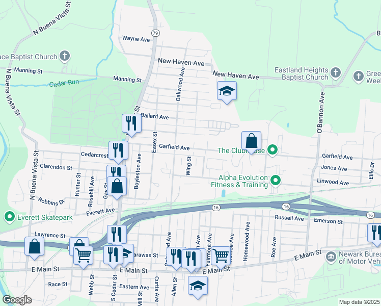 map of restaurants, bars, coffee shops, grocery stores, and more near 489 Garfield Avenue in Newark