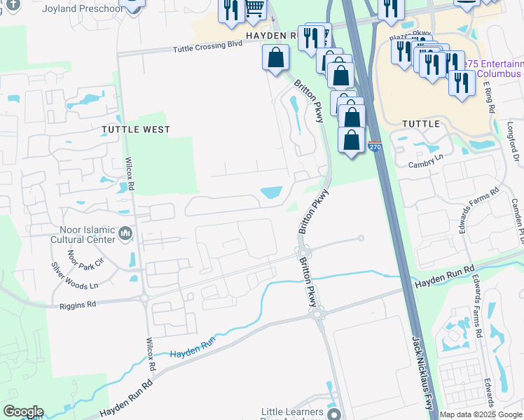 map of restaurants, bars, coffee shops, grocery stores, and more near 4660 Tuttles Brooke Drive in Dublin