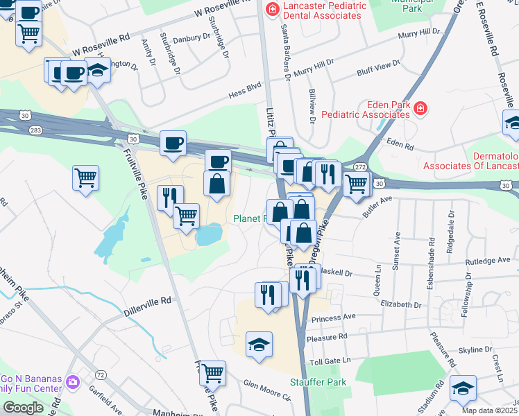 map of restaurants, bars, coffee shops, grocery stores, and more near 1582 Crescent Avenue in Lancaster