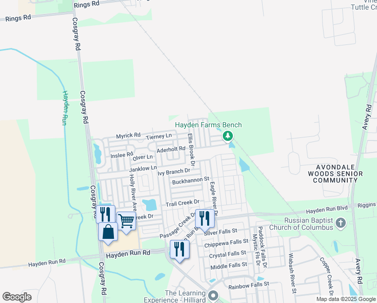 map of restaurants, bars, coffee shops, grocery stores, and more near 5821 Aderholt Road in Dublin