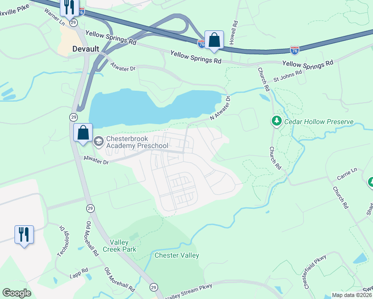 map of restaurants, bars, coffee shops, grocery stores, and more near 610 Stonecliffe Road in Malvern