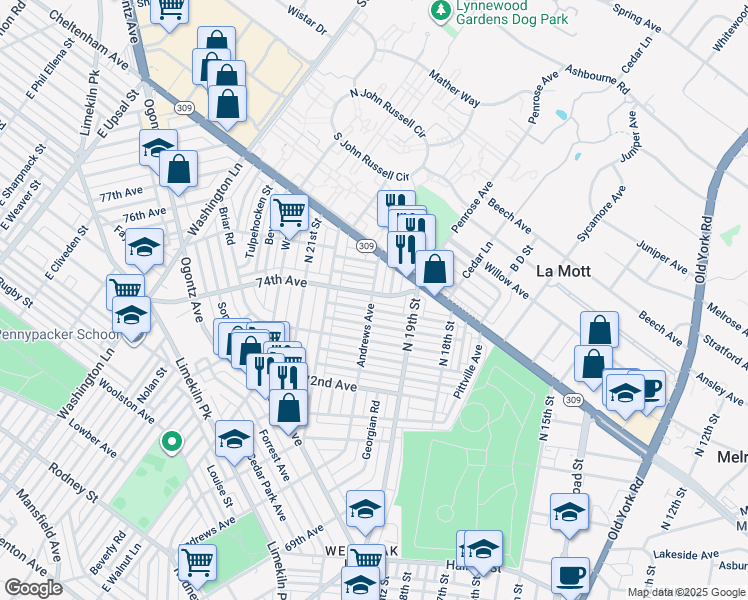map of restaurants, bars, coffee shops, grocery stores, and more near 1948 74th Avenue in Philadelphia