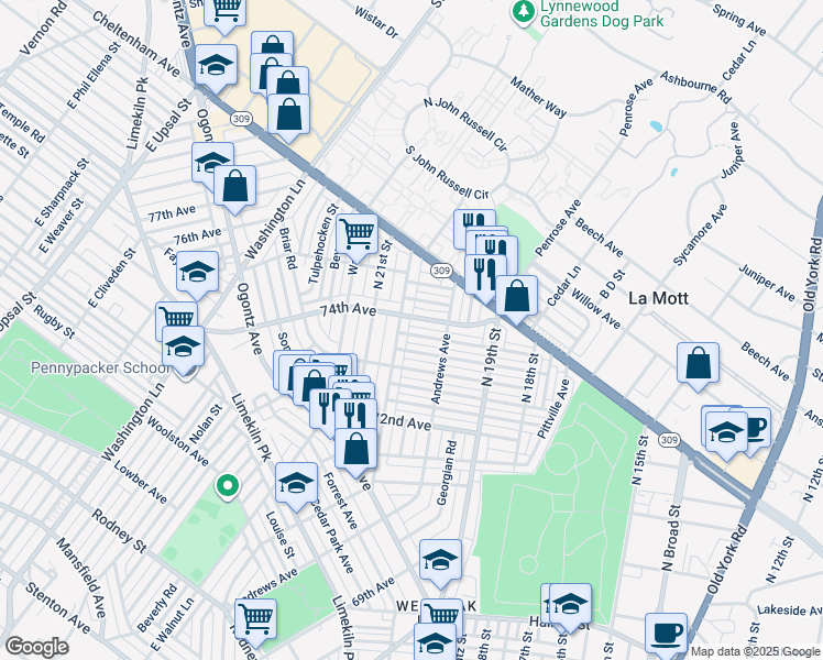 map of restaurants, bars, coffee shops, grocery stores, and more near 1989 Penfield Street in Philadelphia