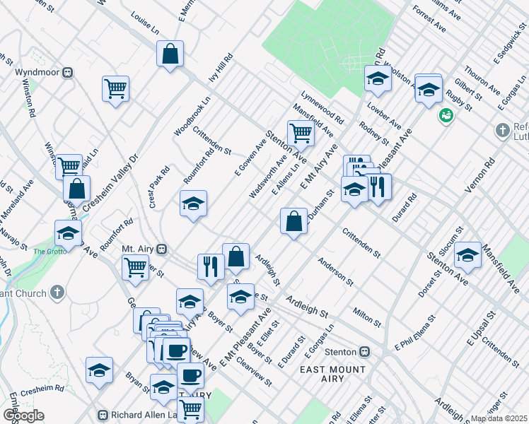 map of restaurants, bars, coffee shops, grocery stores, and more near 500 E Allens Ln in Philadelphia
