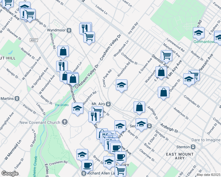 map of restaurants, bars, coffee shops, grocery stores, and more near 236 Roumfort Road in Philadelphia